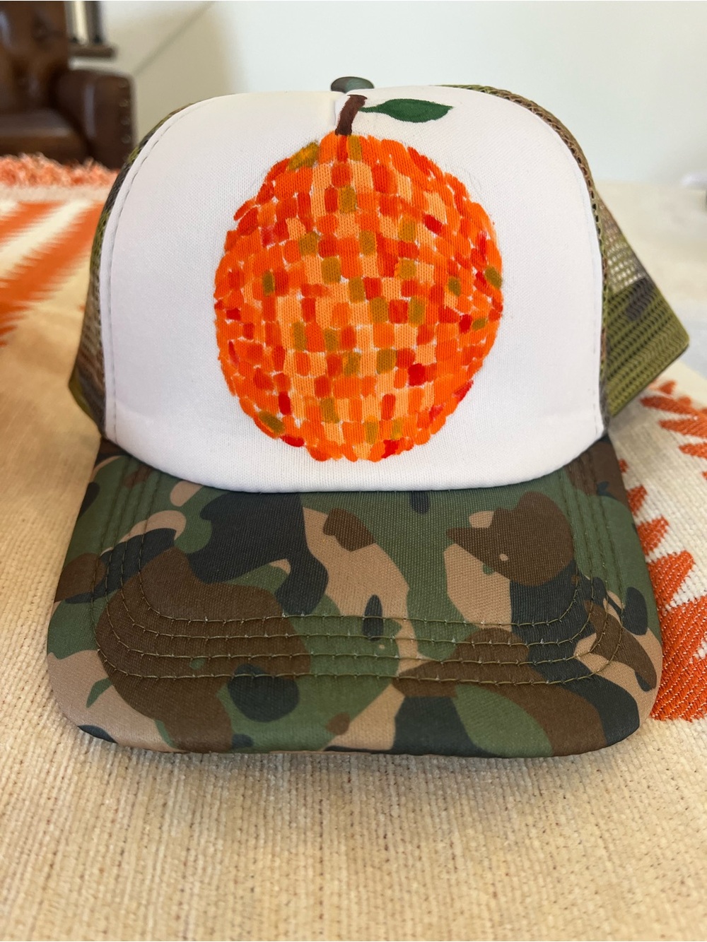 Hand Painted Orange Disco Ball Trucker Hat - Camouflage Brim